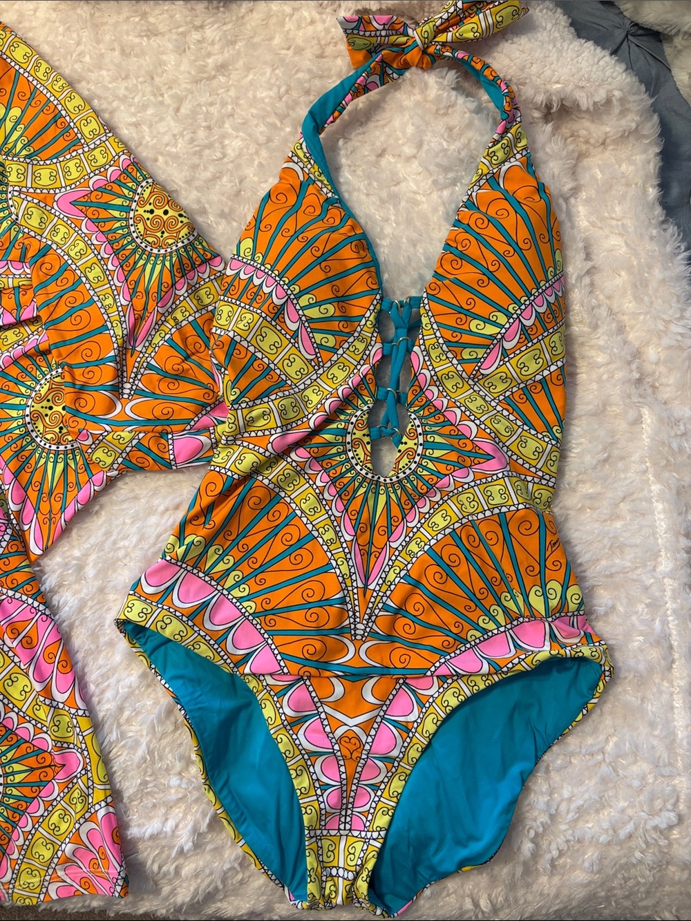 Trina Turk Vibrant Orange,Pink, Yellow Printed Swim One Piece 6 & Cover XS Set - Picture 2 of 15